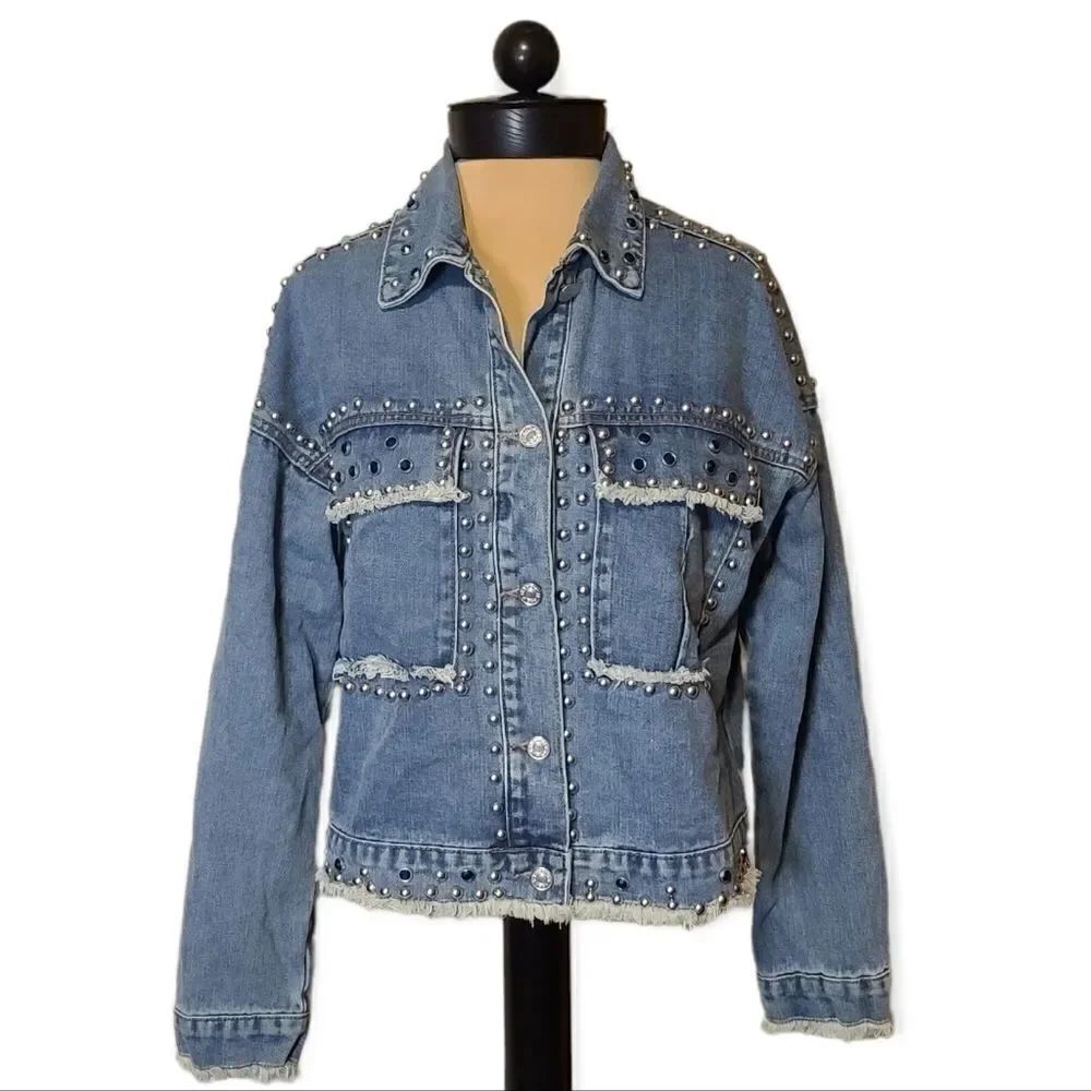 Studded Distresses Cropped Jean Jacket by Pink Lily Small